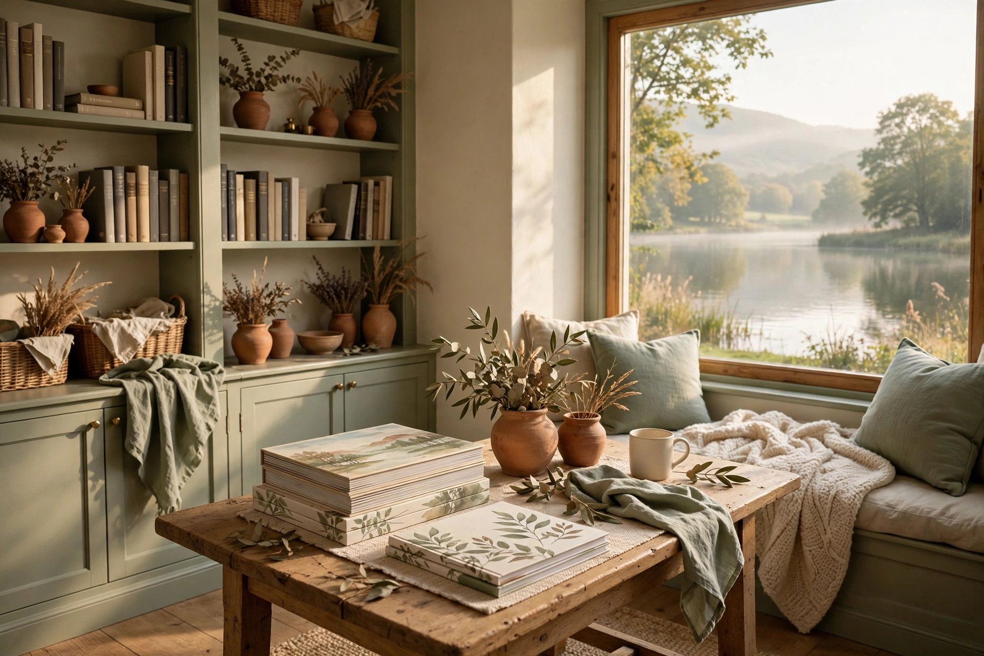 A cozy lakeside reading room with shelves, books, and a calm lake outside